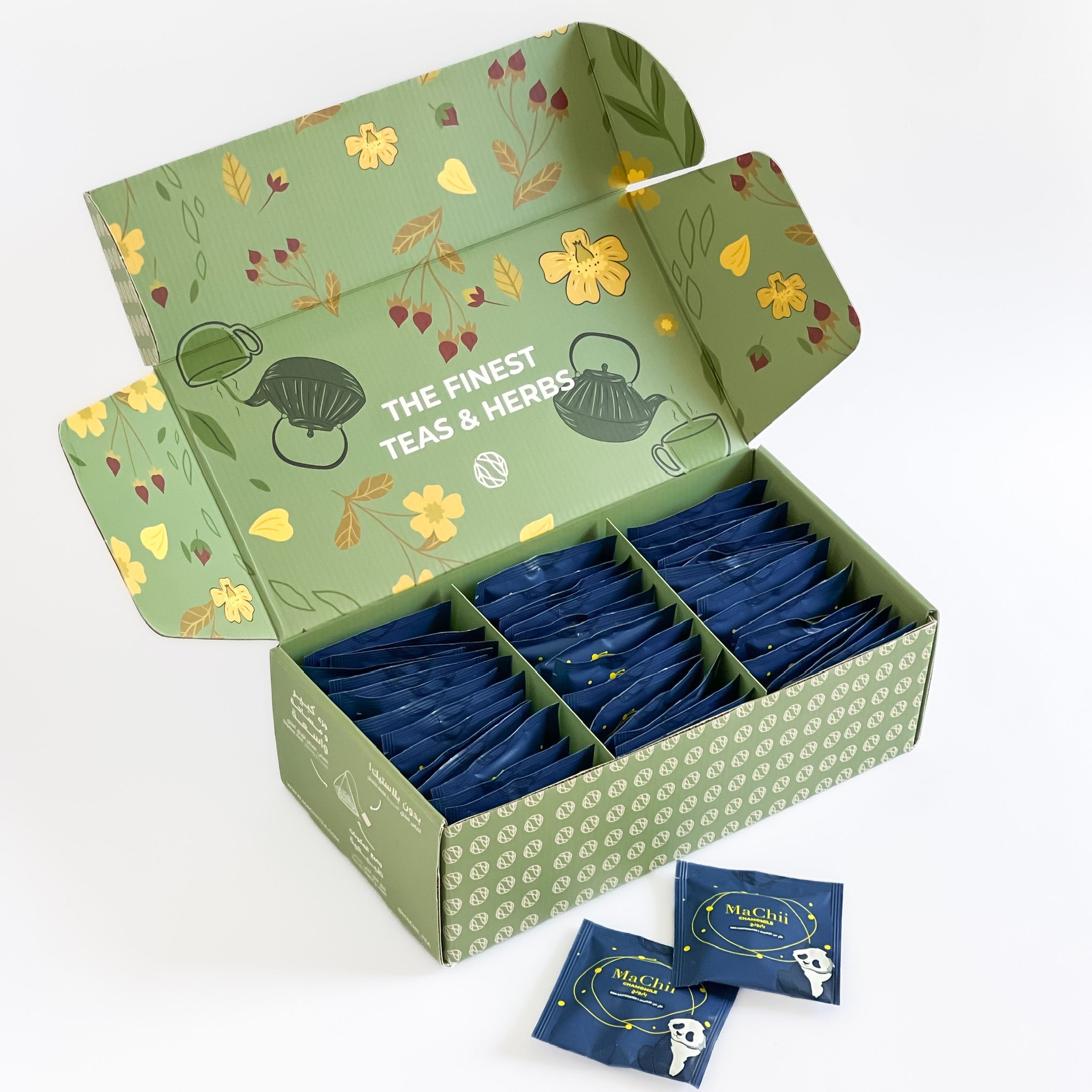 50 envelope tea bags in a large green MaChii Tea box.