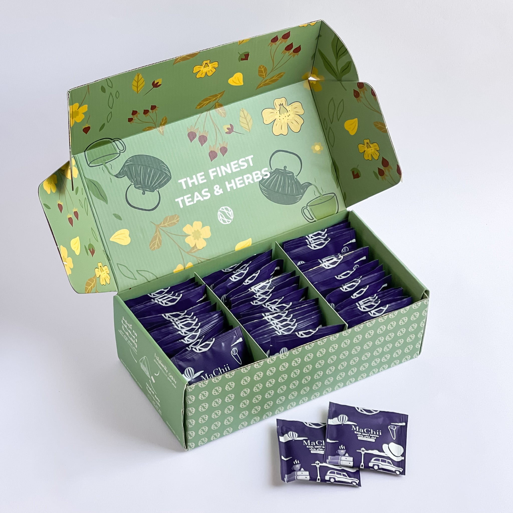 50 organic earl grey royale envelopes in a wholesale green bulk boy MaChii Tea box